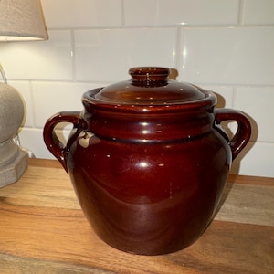 Vintage  Brown Glazed Stoneware Bean Pot Lidded  RARE USA
