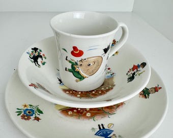 Vintage 1950s Old Foley James Kent “Humpty Dumpty” Children’s Cup & plate and bowl Set – Made in England