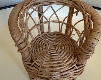 Vintage Wicker Rattan Doll Chair Miniature Furniture Boho Toy Plant Stand 5" Vtg