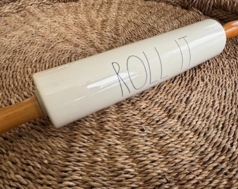 Rae Dunn Ceramic Rolling Pin with Wooden Handles 18 Inch- “Roll It”