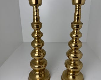 1960s Vintage Brass Candlestick Holders, Tall 12” Gold Table Decor, Set of 2