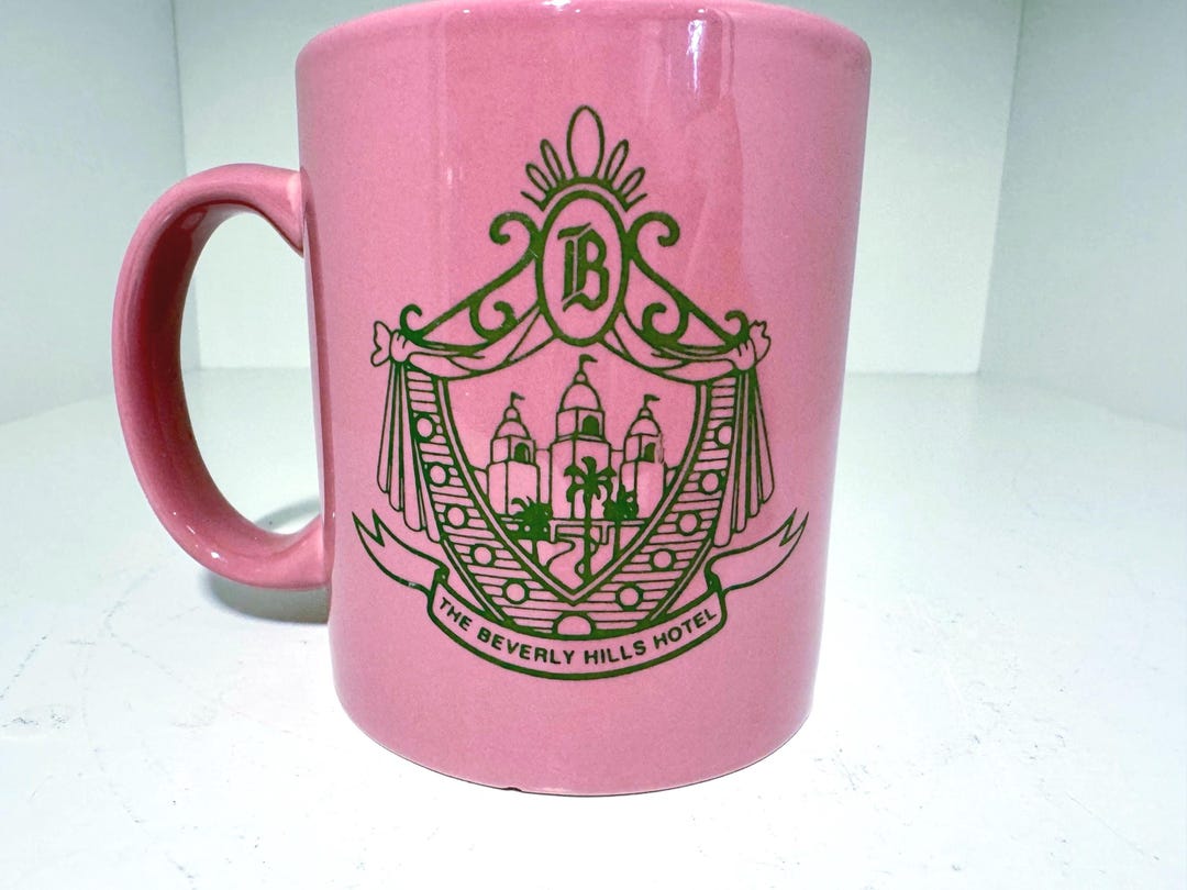 Vintage the Beverly Hills Hotel Pink Mug Cup Green Logo Two Sides