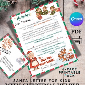 May include: A printable Christmas letter for kids with a festive design. The letter features a message from Santa Claus, along with illustrations of elves, reindeer, and Mrs. Claus. The text includes the phrase "BIG Christmas problem" and "Christmas Helper Missions."