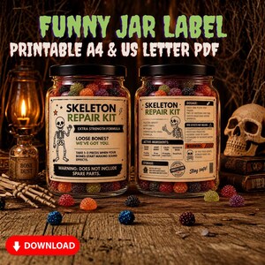 May include: Two glass jars filled with colorful candies, each featuring a label titled Skeleton Repair Kit. The labels include text, a skeleton illustration, and dosage instructions. The jars sit on a wooden surface with scattered candies.