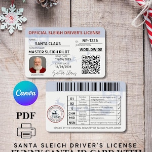 Può includere: Un'originale carta d'identità di Babbo Natale con un codice QR per la verifica. La carta presenta la foto, il nome e la classe di volo di Babbo Natale, con data di emissione 11/05/2025 e data di scadenza 24/12/2036. La carta è intitolata "Patente ufficiale di guida della slitta."