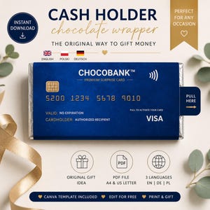 May include: A rectangular blue chocolate wrapper designed to look like a credit card with the text CHOCOBANK, PREMIUM SURPRISE CARD, 5200 1234 5678 9010, VALID: NO EXPIRATION, CARDHOLDER: AUTHORIZED RECIPIENT, VISA, and a pull tab with the text PULL HERE.