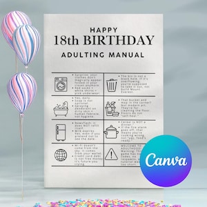 Könnte beinhalten: Eine weiße Karte mit dem Text "HAPPY 18th BIRTHDAY ADULTING MANUAL" wird angezeigt. Die Karte enthält Illustrationen und Text über das Erwachsenwerden. Bunte Luftballons und Konfetti sind im Hintergrund. Das Canva-Logo ist sichtbar.