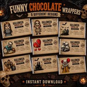 Può includere: Nove incarti per cioccolato rettangolari a tema Halloween. Ogni incarto riporta il testo Halloween Survival Bar, una lista di controllo dei tipi di protezione e illustrazioni uniche tra cui una bambola, teschi, un clown e una casa stregata.