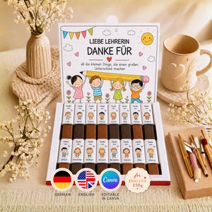 May include: A box of chocolates with a decorative lid featuring children holding a pencil and the words "LIEBE LEHRERIN DANKE FÜR". Each chocolate bar is individually wrapped with a child illustration and a name.