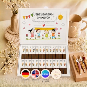 Könnte beinhalten: Eine weiße Geschenkbox gefüllt mit Schokoriegeln, jeweils mit einer kleinen Illustration eines Kindes. Der Deckel der Box zeigt eine Zeichnung von Kindern, die einen Bleistift halten, mit deutschem Text.