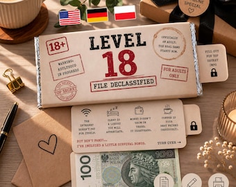 Envoltorio de chocolate para cumpleaños número 18 y 21 (PDF) / Funda para chocolate con mensaje secreto / Regalo para guardar dinero / Imprimible divertido para cumpleaños