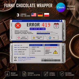 Könnte beinhalten: Lustige Schokoladenverpackung mit einem Computerfehler-Thema. Das Design der Verpackung zeigt den Fehlercode "ERROR 419" und den Text "DATE NIGHT NOT FOUND". Enthält ein druckbares PDF.
