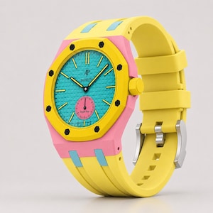 Könnte beinhalten: Eine farbenfrohe Armbanduhr mit gelbem Armband und Lünette, einem rosa Gehäuse und einem türkisfarbenen Zifferblatt. Die Uhr hat schwarze Akzente, ein kleines rosa Zifferblatt und den Text "AP Swatch Royal Pop".