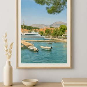 Small boat in Cavtat - Digital watercolour print - Adriatic coast wall art - Croatian harbour scene - In stand download