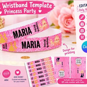 Puede incluir: Una plantilla de pulsera Tyvek rosa con purpurina para una fiesta de princesas con el nombre MARIA, el texto VIP PASS y un gráfico de carruaje. El diseño incluye campos editables para nombre, evento, fecha y código QR para imprimir.