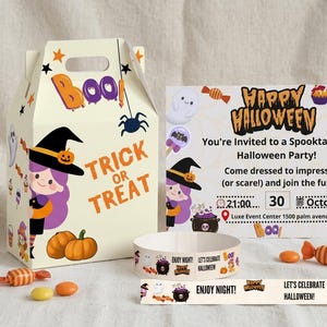 Puede incluir: Una caja de regalo de Halloween color crema con una ilustración de bruja y el texto "BOO" y "TRICK OR TREAT", una tarjeta de invitación rectangular con el texto "HAPPY HALLOWEEN", una banda de papel circular y una tira larga con gráficos.