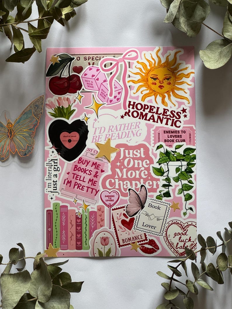 Hopeless Romantic Kindle, Kobo of Tolino-inzet – roze en gele e-readerstickers, leesgrage accessoire afbeelding 7