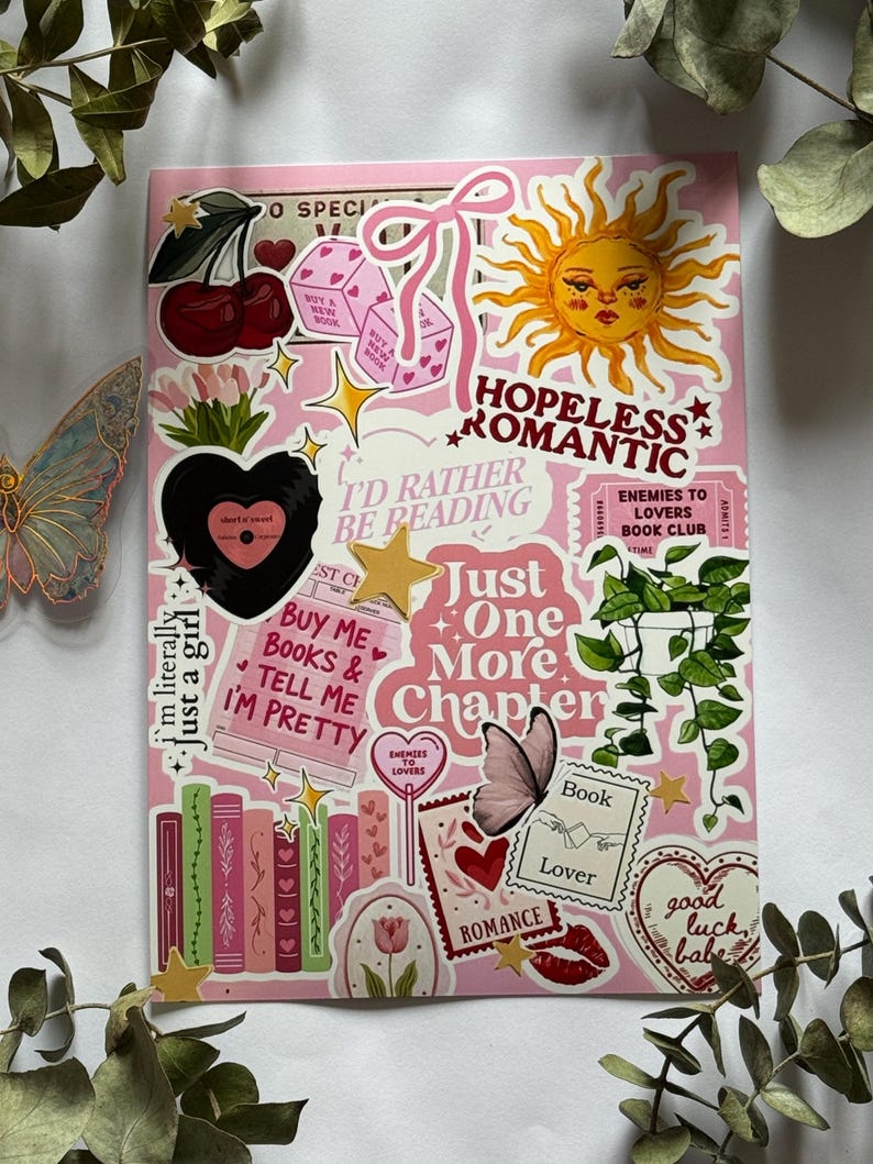 Hopeless Romantic Kindle, Kobo of Tolino-inzet – roze en gele e-readerstickers, leesgrage accessoire afbeelding 11