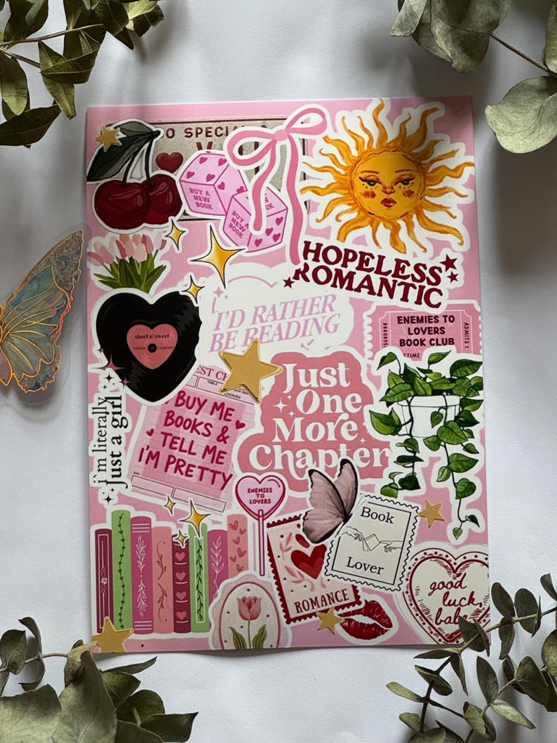 Hopeless Romantic Kindle, Kobo of Tolino-inzet – roze en gele e-readerstickers, leesgrage accessoire afbeelding 9