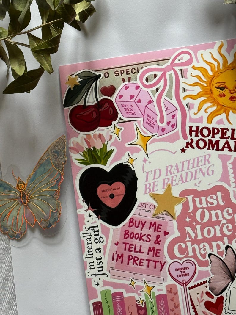 Hopeless Romantic Kindle, Kobo of Tolino-inzet – roze en gele e-readerstickers, leesgrage accessoire afbeelding 5