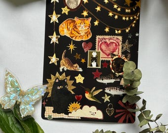 Whimsical Cats Kindle, Kobo or Tolino Insert – Black & Gold E-Reader Stickers, Bookish Accessory