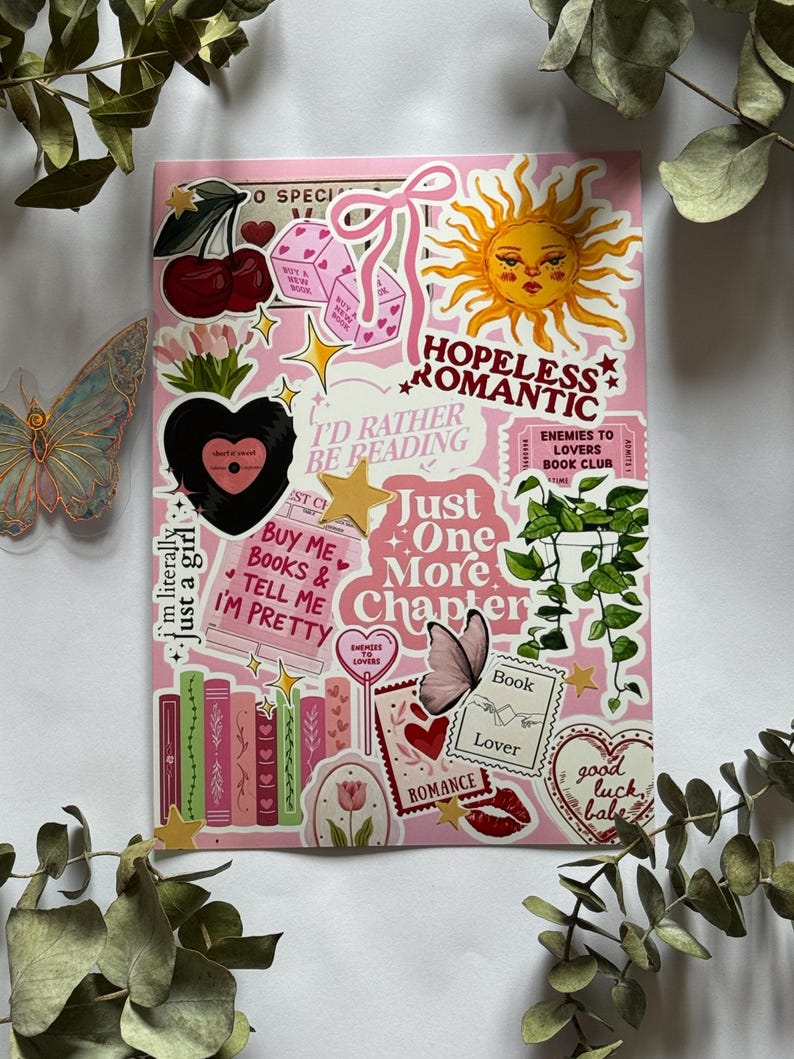 Hopeless Romantic Kindle, Kobo of Tolino-inzet – roze en gele e-readerstickers, leesgrage accessoire afbeelding 1