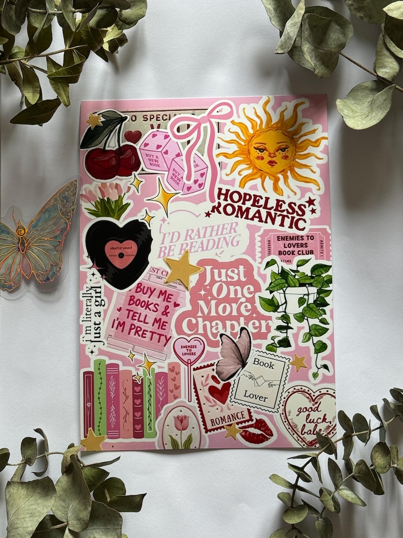 Hopeless Romantic Kindle, Kobo of Tolino-inzet – roze en gele e-readerstickers, leesgrage accessoire afbeelding 6