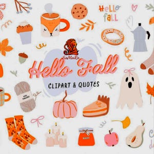 Può includere: Una collezione digitale di illustrazioni a tema autunnale con una tazza a forma di volpe, zucca, fantasma, calzini, lana e torta. Il testo centrale recita "SaMaRo Hello Fall CLIPART & QUOTES" in caratteri arancioni e neri su sfondo grigio.