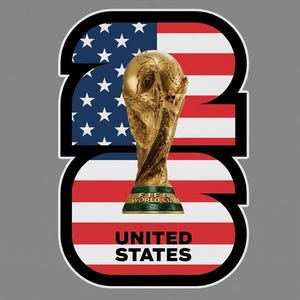 May include: A sticker design featuring the FIFA World Cup trophy in gold, set against the American flag. The number "26" is formed by the flag and a black outline, with "UNITED STATES" below.
