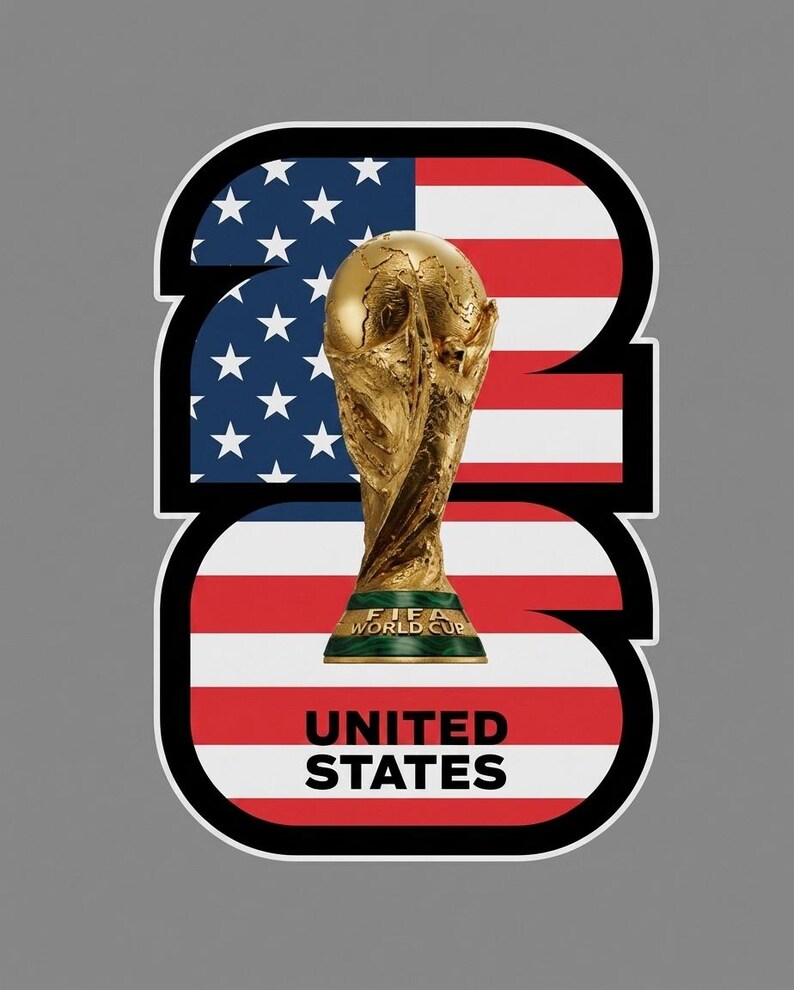 May include: A sticker design featuring the FIFA World Cup trophy in gold, set against the American flag. The number "26" is formed by the flag and a black outline, with "UNITED STATES" below.