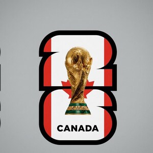 May include: A gold-colored FIFA World Cup trophy on a green base, set against a stylized Canadian flag design. The word "CANADA" is displayed in white text below the flag graphic. The background is a solid gray.