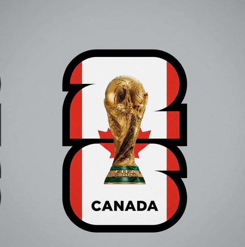 May include: A gold-colored FIFA World Cup trophy on a green base, set against a stylized Canadian flag design. The word "CANADA" is displayed in white text below the flag graphic. The background is a solid gray.