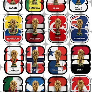 May include: A collection of 20 stylized graphics featuring the FIFA World Cup trophy, each set against a background representing a different country's flag. Each graphic includes the country's name.