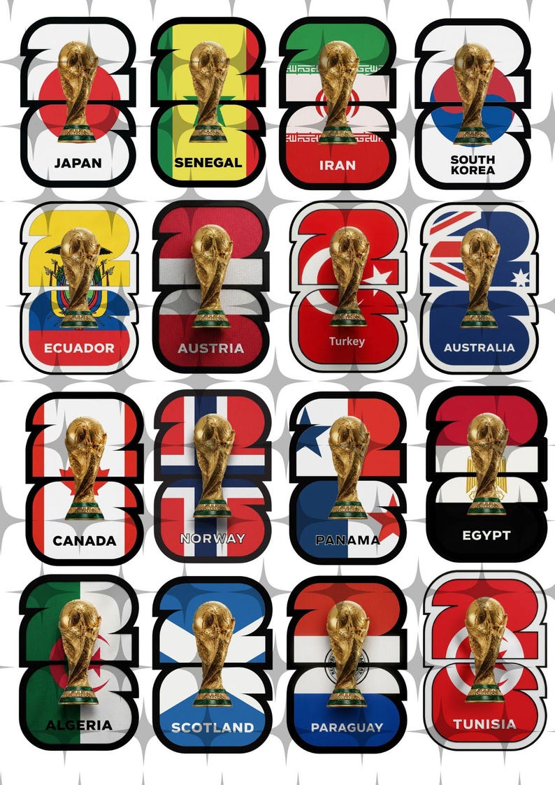 May include: A collection of 20 stylized graphics featuring the FIFA World Cup trophy, each set against a background representing a different country's flag. Each graphic includes the country's name.