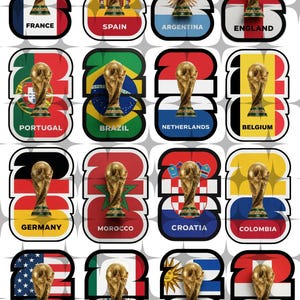 May include: A collection of 16 images featuring the FIFA World Cup trophy. Each image showcases a country's flag and name, including France, Spain, Argentina, England, Portugal, Brazil, Netherlands, Belgium, Germany, Morocco, Croatia, Colombia, United States, Mexico, Uruguay, and Switzerland.