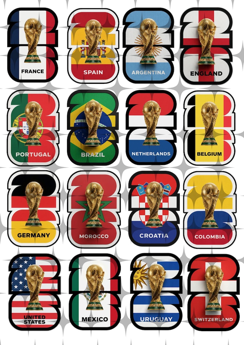 May include: A collection of 16 images featuring the FIFA World Cup trophy. Each image showcases a country's flag and name, including France, Spain, Argentina, England, Portugal, Brazil, Netherlands, Belgium, Germany, Morocco, Croatia, Colombia, United States, Mexico, Uruguay, and Switzerland.