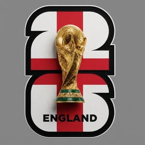 May include: A gold FIFA World Cup trophy stands in front of a stylized England flag design. The design is in the shape of the numbers "23" with a black border and the word "ENGLAND" at the bottom.
