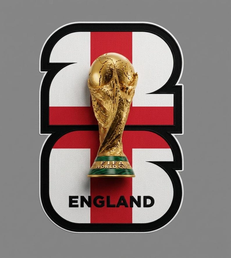 May include: A gold FIFA World Cup trophy stands in front of a stylized England flag design. The design is in the shape of the numbers "23" with a black border and the word "ENGLAND" at the bottom.