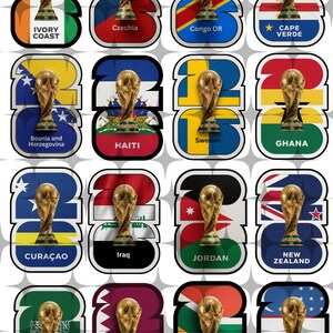 May include: A collection of stickers featuring the FIFA World Cup trophy, each set against a background of a national flag. The stickers include flags from Ivory Coast, Czechia, Congo DR, Cape Verde, Bosnia and Herzegovina, Haiti, Sweden, Ghana, Cura&ccedil;ao, Iraq, Jordan, New Zealand, Saudi Arabia, Qatar, South Africa, and Uzbekistan.