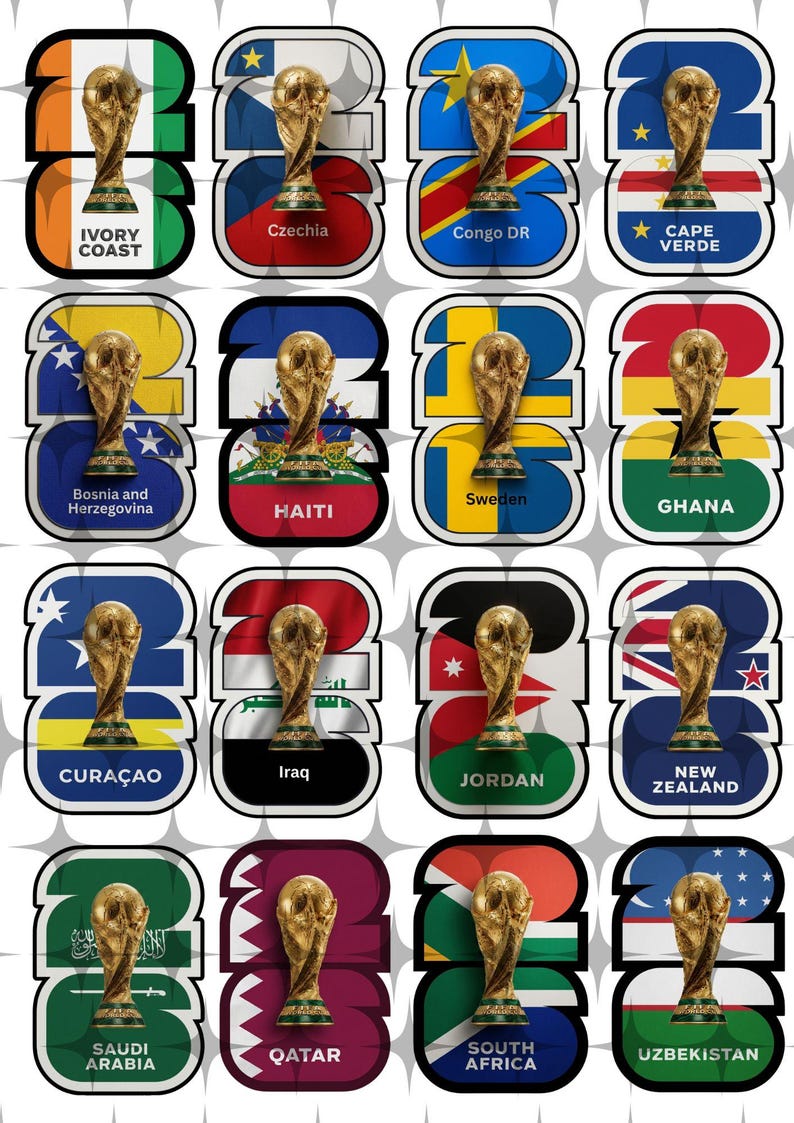May include: A collection of stickers featuring the FIFA World Cup trophy, each set against a background of a national flag. The stickers include flags from Ivory Coast, Czechia, Congo DR, Cape Verde, Bosnia and Herzegovina, Haiti, Sweden, Ghana, Cura&ccedil;ao, Iraq, Jordan, New Zealand, Saudi Arabia, Qatar, South Africa, and Uzbekistan.