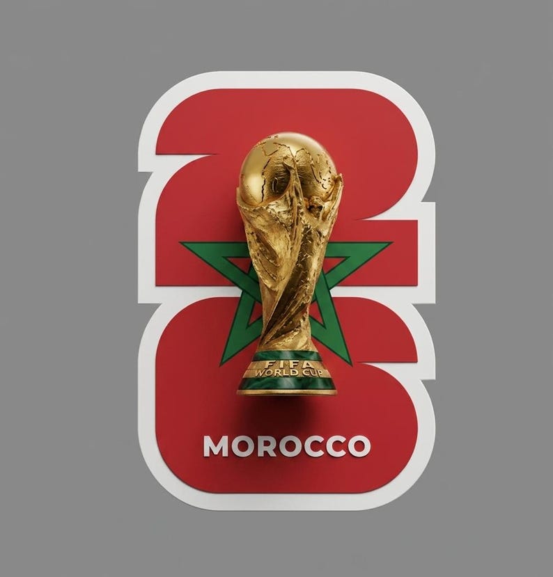 May include: A gold FIFA World Cup trophy sits atop a red and white graphic with the word "MOROCCO" in white. The graphic features the number "23" and a green star, set against a gray background. The trophy is detailed with a globe design.