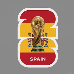 May include: A graphic featuring the FIFA World Cup trophy, set against the Spanish flag. The word "SPAIN" is at the bottom. The design is in red, yellow, and gold, with a gray background.