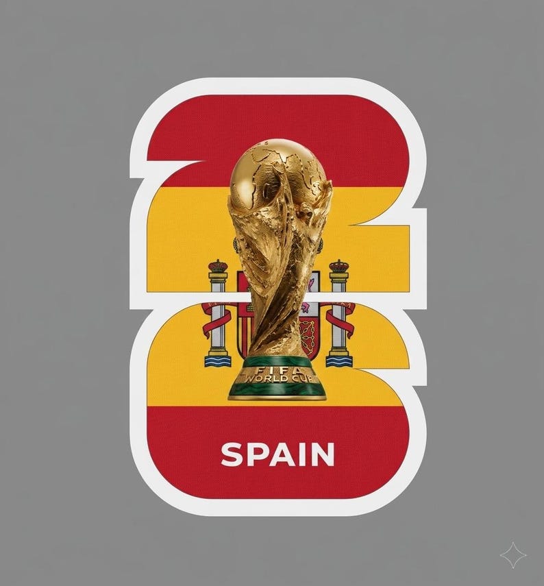 May include: A graphic featuring the FIFA World Cup trophy, set against the Spanish flag. The word "SPAIN" is at the bottom. The design is in red, yellow, and gold, with a gray background.