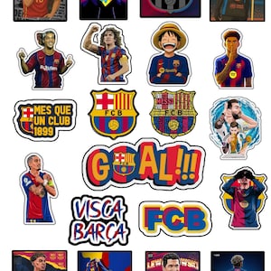 May include: A collection of stickers featuring FC Barcelona players and logos. The stickers include images of players in their team uniforms, the club's crest, and text like "GOAL!!!" and "VISCA BARCA". The color scheme is primarily blue, red, and yellow.