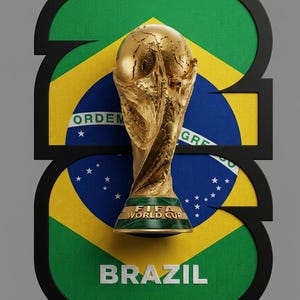 May include: A gold FIFA World Cup trophy stands in front of a stylized Brazilian flag. The flag is framed by a black outline in the shape of the number 23, with the word "BRAZIL" at the bottom. The trophy has a green base.