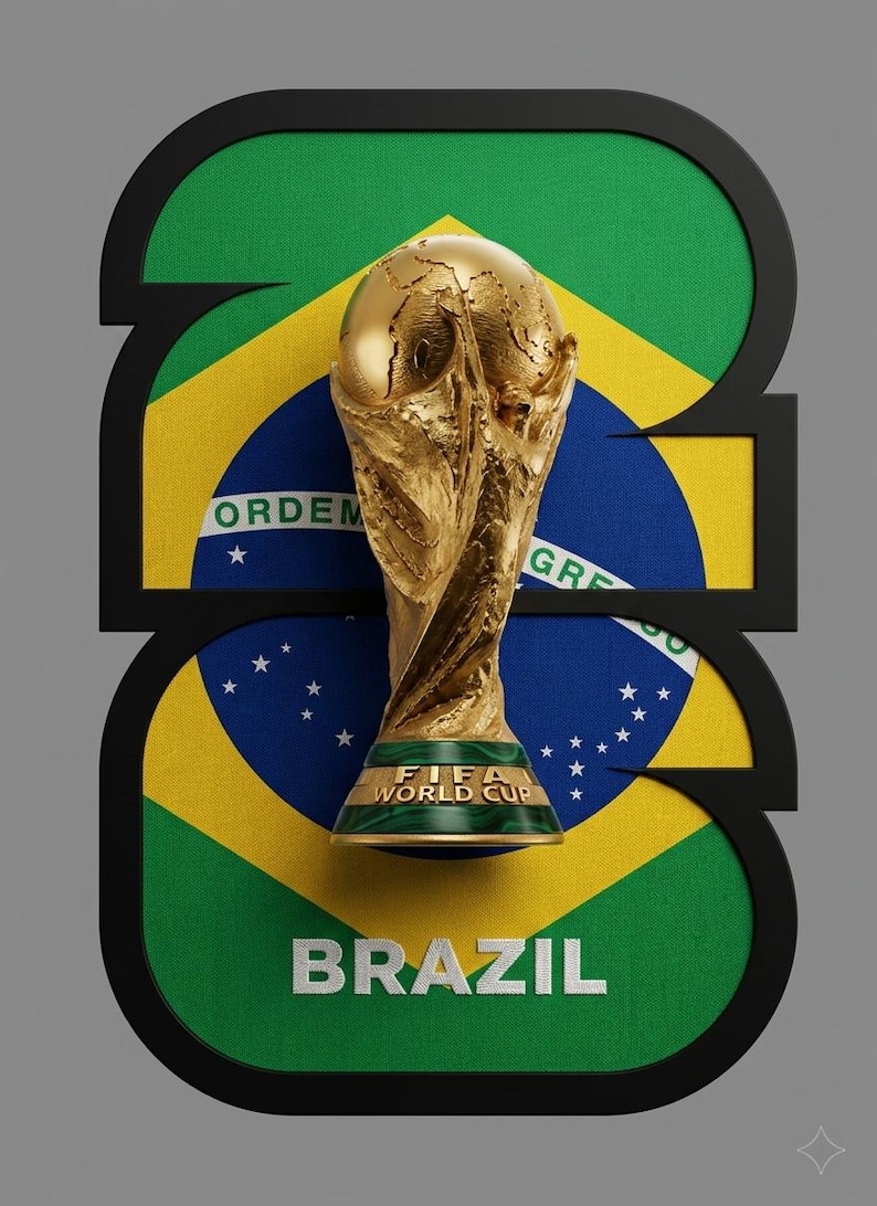 May include: A gold FIFA World Cup trophy stands in front of a stylized Brazilian flag. The flag is framed by a black outline in the shape of the number 23, with the word "BRAZIL" at the bottom. The trophy has a green base.
