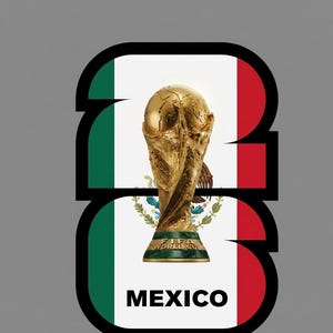 May include: A gold FIFA World Cup trophy is centered on a white background with the Mexican flag on the left and right sides. The word "MEXICO" is printed in bold white letters at the bottom. The number "23" is outlined in black.