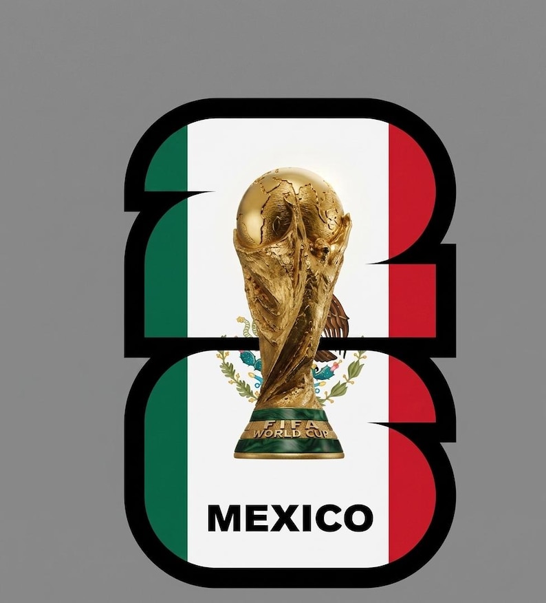 May include: A gold FIFA World Cup trophy is centered on a white background with the Mexican flag on the left and right sides. The word "MEXICO" is printed in bold white letters at the bottom. The number "23" is outlined in black.