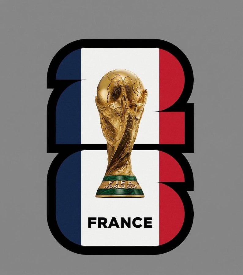 May include: A gold FIFA World Cup trophy stands in front of a French flag design. The word "FRANCE" is at the bottom. The background is gray. The design is in the shape of the number "23".