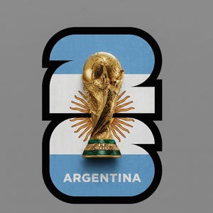 May include: A gold FIFA World Cup trophy on a background featuring the Argentina flag. The flag is white and light blue, with the word "ARGENTINA" at the bottom. The trophy is centered within a black outlined number 3.